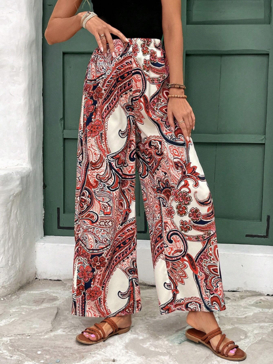 Frenchy Frenchy Ladies' Paisley Print Casual Vacation For Music Festival In Summer Straight Wide Leg Pants With Elastic Waist For Casual Wear