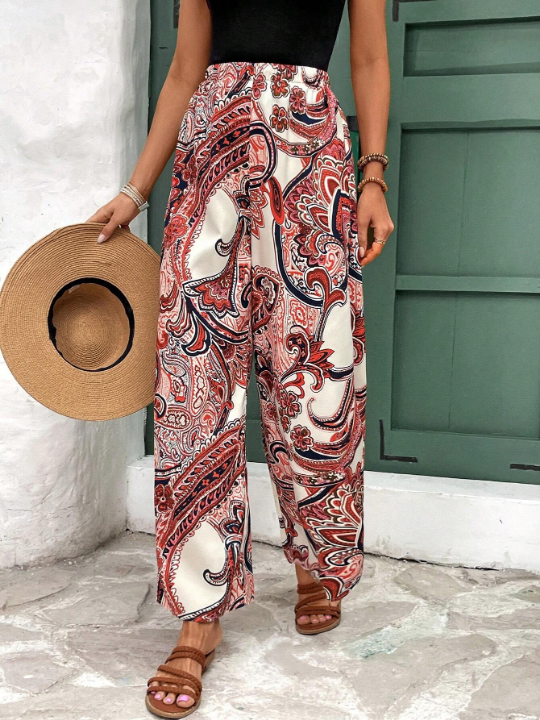 Frenchy Frenchy Ladies' Paisley Print Casual Vacation For Music Festival In Summer Straight Wide Leg Pants With Elastic Waist For Casual Wear