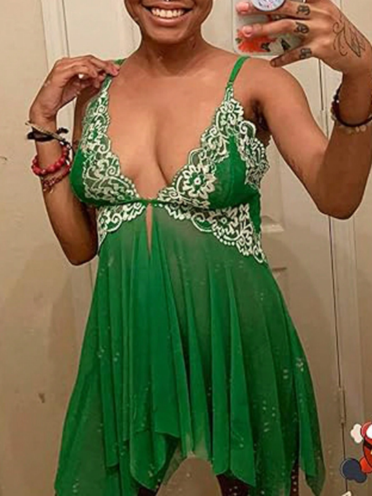 New European And American Style Sexy Lace Trim Semi-Transparent Mesh Suspender Dress