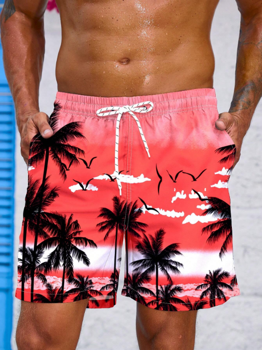 Manfinity Swimmode Men's Palm Tree Printed Drawstring Waist Beach Shorts, Swim Shorts