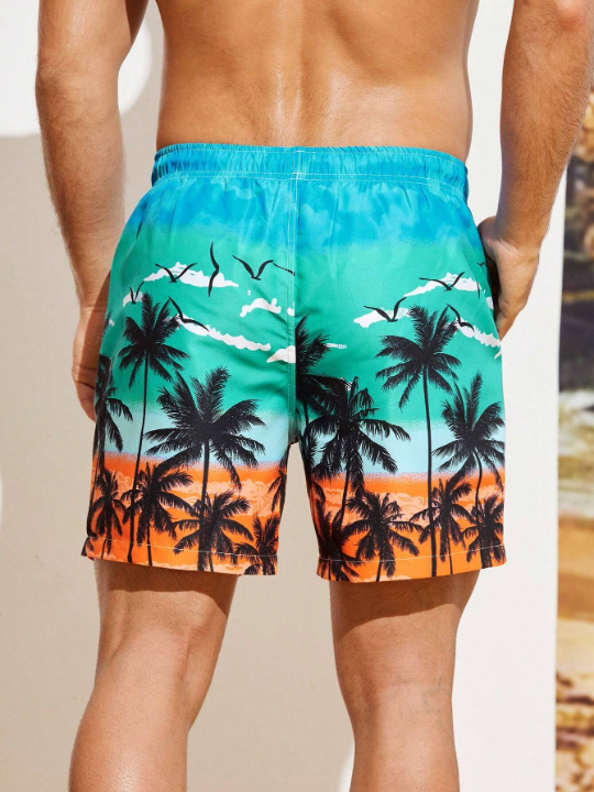 Manfinity Swimmode Men's Ombre Coconut Tree Printed Beach Shorts