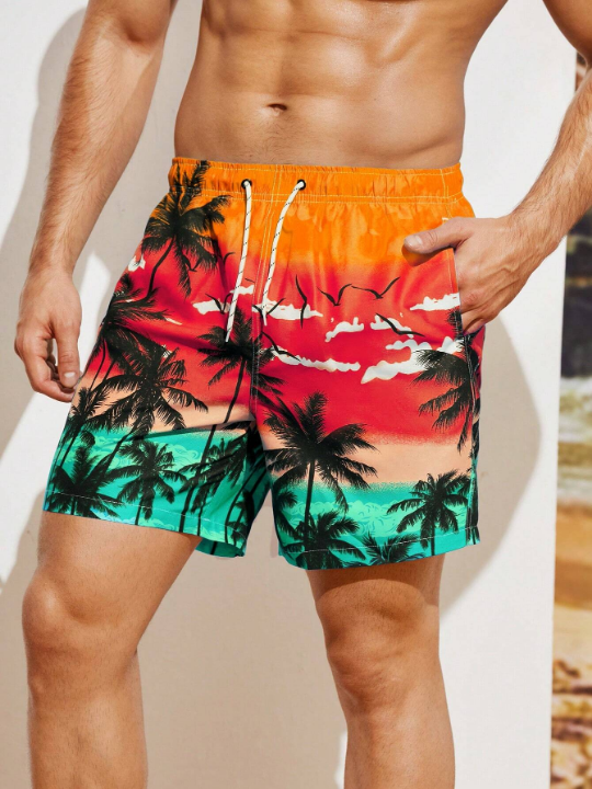 Manfinity Swimmode Men's Palm Tree Printed Beach Shorts