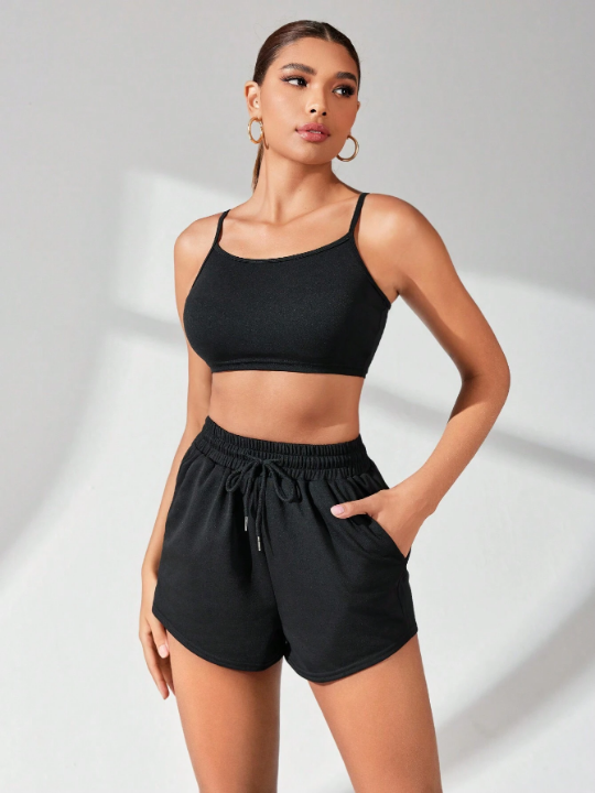 Daily&Casual Ladies' Solid Color Drawstring Waist Short Pants With Camisole Sports Set