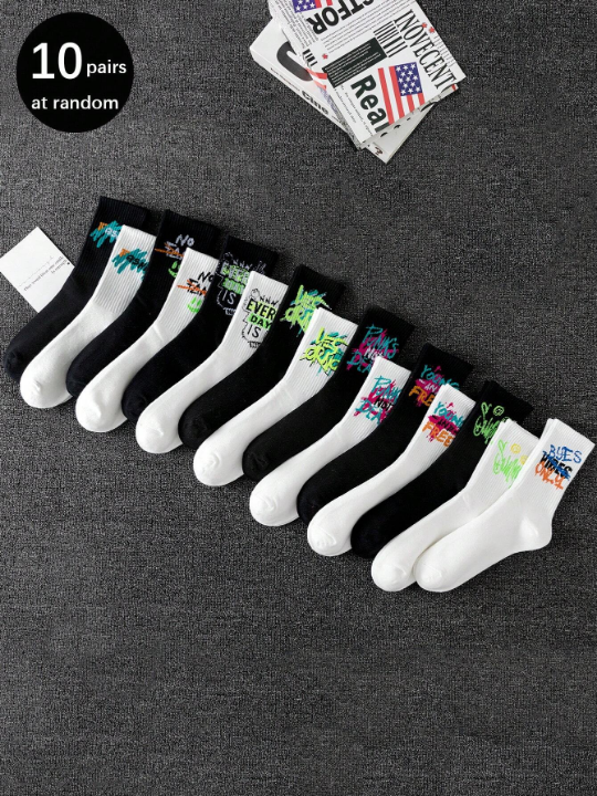 10pairs Random Style Multicolor Unisex Creative Graffiti Trendy Mid-Calf Socks For Daily Wear, Couple Socks