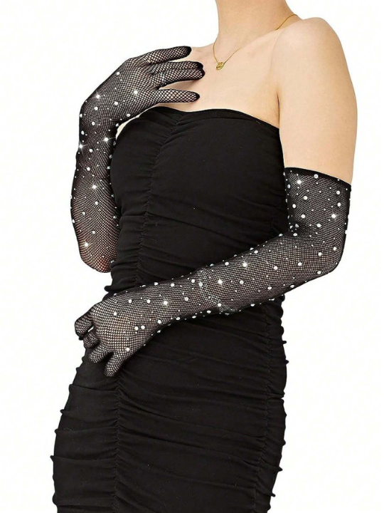 1 Pair Women's Sexy Rhinestone Fishnet Gloves And Arm Warmer, Multicolor