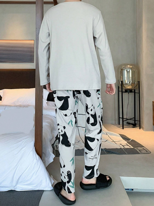2pcs Mens' Loose Fit Pajama Set - Simple Panda Print Cartoon Design Long Sleeve Top And Long Pant, Perfect Gift For Birthday, Suitable For Spring, Summer, And Autumn Seasons