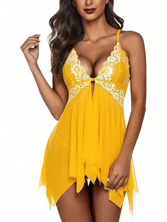 New Arrival Sexy Lace & Mesh Halter Dress With Floral Edge For Women
