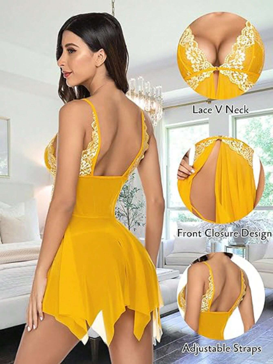 New Arrival Sexy Lace & Mesh Halter Dress With Floral Edge For Women