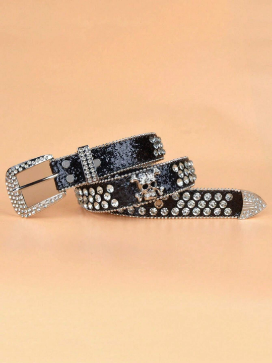 Rhinestone & Skull Decor Geometric Buckle Belt