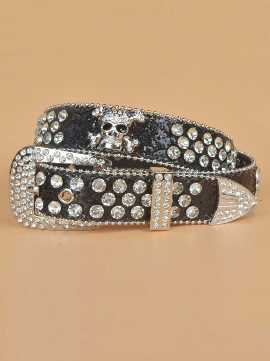 Rhinestone & Skull Decor Geometric Buckle Belt