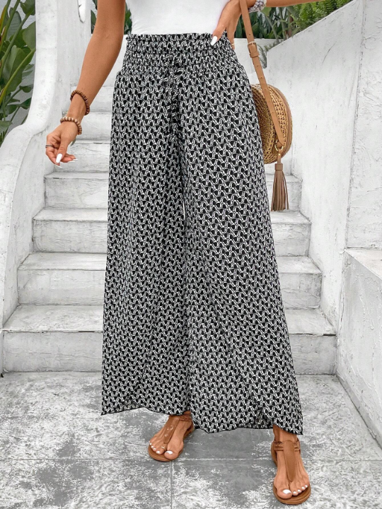 Frenchy Allover Print Knot Waist Tulip Hem Wide Leg Baggy Cross Over Pants