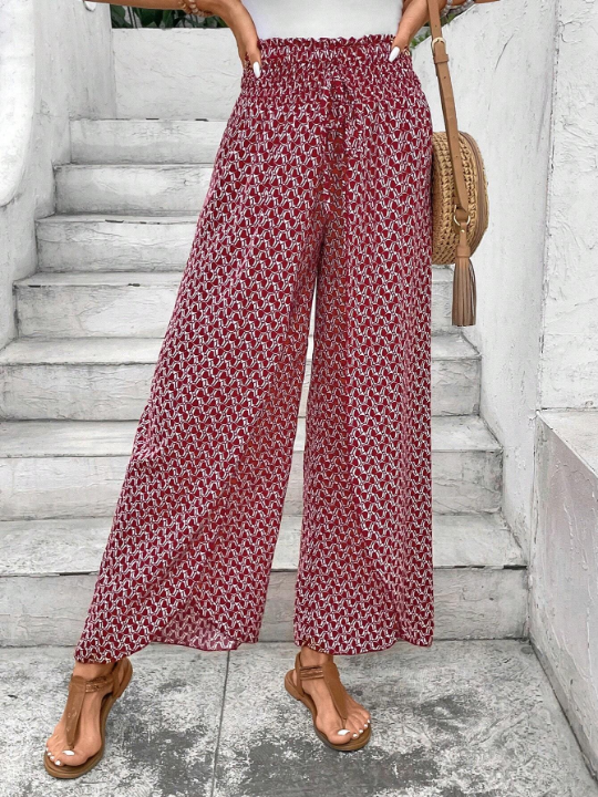 Frenchy Allover Print Knot Waist Tulip Hem Wide Leg Baggy Cross Over Pants