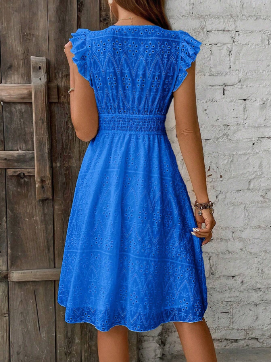 LUNE Women's Embroidered Short Flutter Sleeve Knee-Length Dress