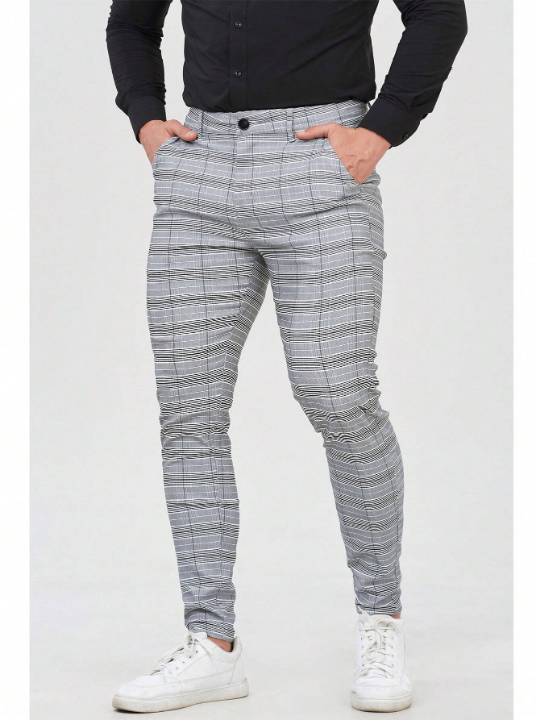 Mens Chinos Plaid Pants Slim Fit Stretch Dress Pant Wrinkle-Resistant Pleated Formal Pants
