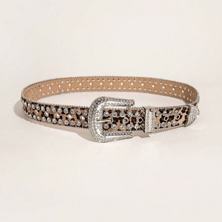 A Men's Leopard Print Punk Denim Rock Y2k Fashion Rivet-Embellished Rhinestone Belt Jeans With Versatile Matching Belt Suitable For Daily Travel