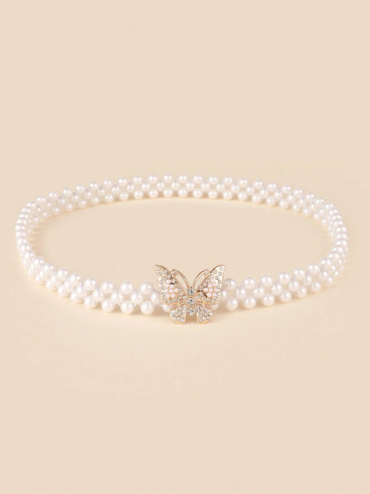 New Arrival Women's Rhinestone Belt With Butterfly Buckle & Pearl Strap For Dress Decoration