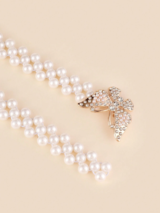 New Arrival Women's Rhinestone Belt With Butterfly Buckle & Pearl Strap For Dress Decoration