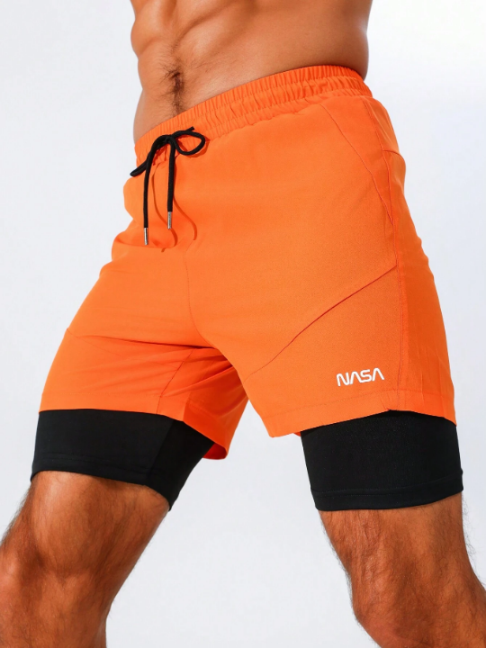 Fitness Men's Contrast Color Letter Print Drawstring Waist Sport Shorts, Fake Two Pieces Style