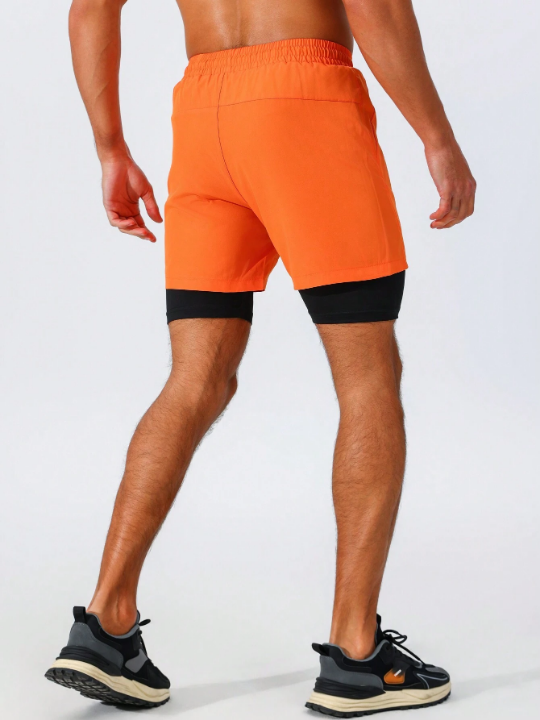 Fitness Men's Contrast Color Letter Print Drawstring Waist Sport Shorts, Fake Two Pieces Style