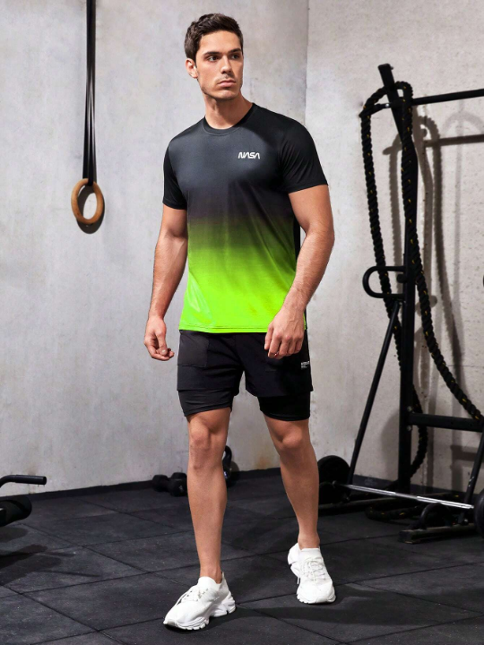 Fitness Men's Fashionable Black To Green Ombre Sports T-Shirt For Summer