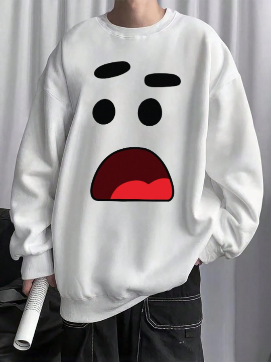 Men's Expression Printed Round Neck Long Sleeve Pullover Sweatshirt, Perfect For Spring And Autumn