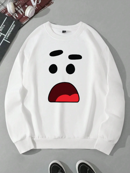 Men's Expression Printed Round Neck Long Sleeve Pullover Sweatshirt, Perfect For Spring And Autumn