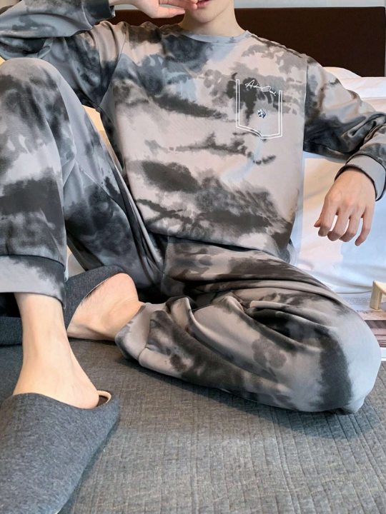 2pcs/Set Men's Casual Tie Dye Style Homewear Pajamas Set For Spring And Autumn