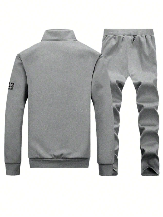 Men's Stand Collar Letter Printed Jacket And Long Pants Sports Suit Set, Autumn/Winter