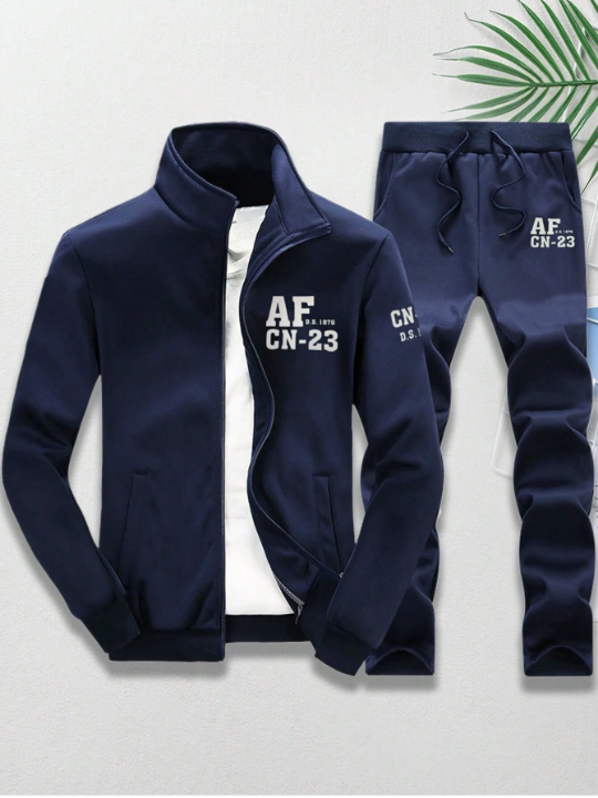 Men's Autumn And Winter Zipper Stand Collar Sports Jacket And Pants With Letter Print