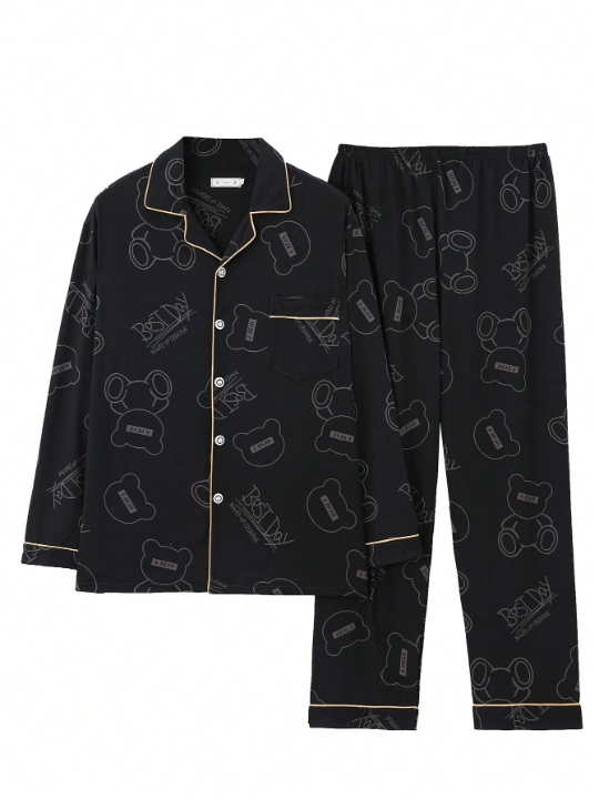 Men's Spring And Autumn 2024 Style Homewear Set - Long-Sleeved Cardigan And Loose Sleepwear Set