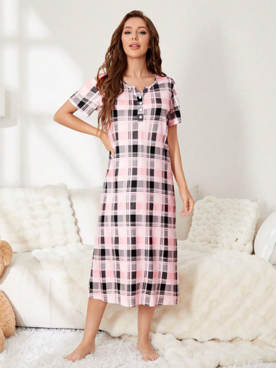 Women's Spring New Arrival Plaid Homewear Dress With Front Notch Collar