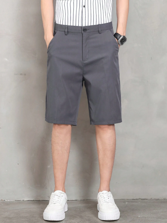 Men's Solid Color Straight Shorts With Slanted Pockets, Summer Casual