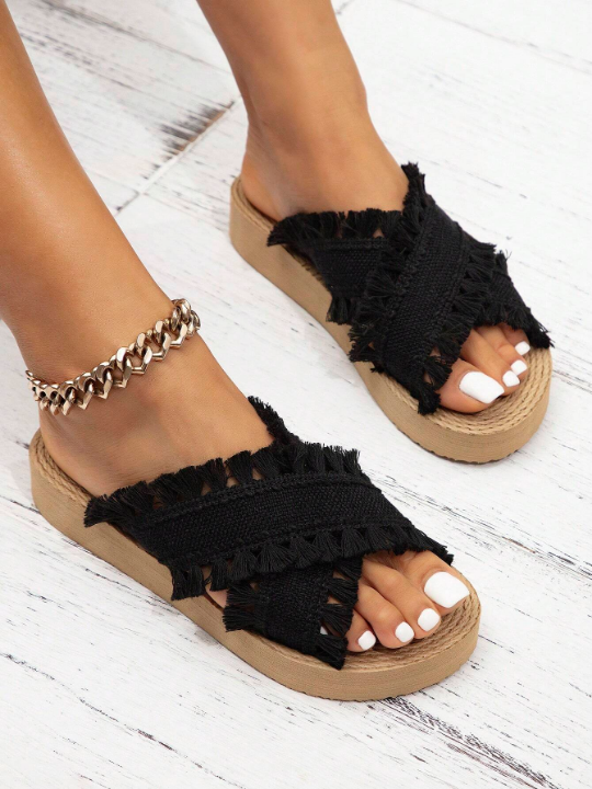 2024 Women Spring/Summer New Bohemian Style Cute Vintage Fashion High-End Hand-Woven Tassel Sandals, European And American Sexy And Charming Atmosphere Black Round Toe Faux Sole Platform Wedge Sandals