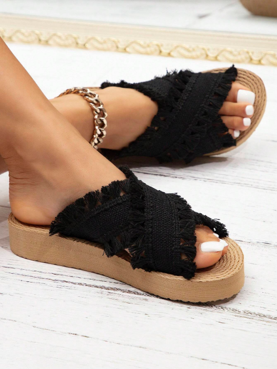 2024 Women Spring/Summer New Bohemian Style Cute Vintage Fashion High-End Hand-Woven Tassel Sandals, European And American Sexy And Charming Atmosphere Black Round Toe Faux Sole Platform Wedge Sandals