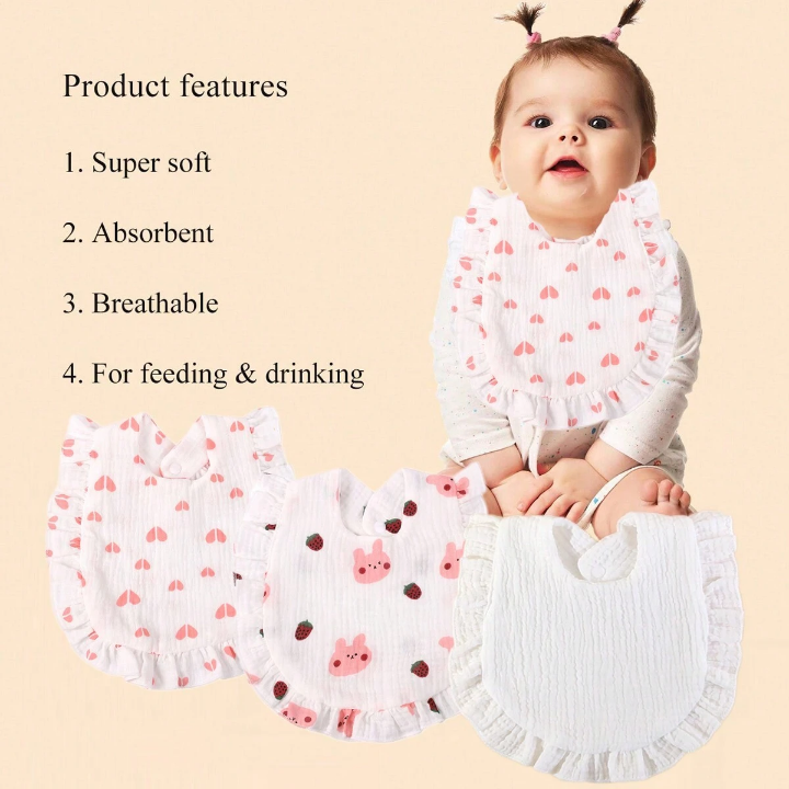 3pcs Lotus Leaf Edged Printed Muslin Baby Bibs