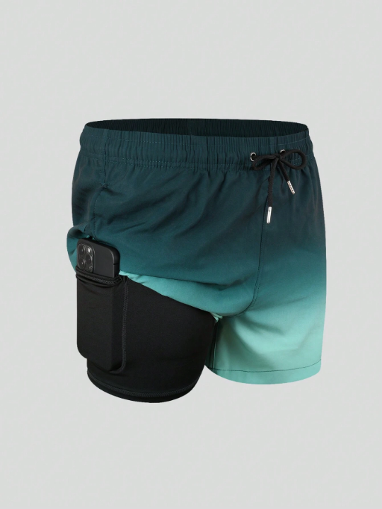 Men Ombre Drawstring Waist Swim Trunks With Phone Pocket