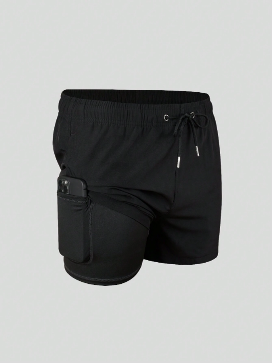 Men Drawstring Waist 2 In 1 Beach Shorts With Phone Pocket