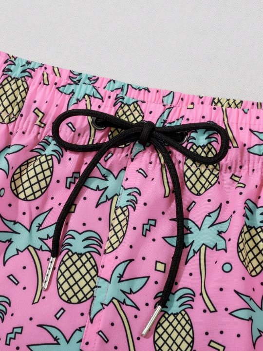 Men's Drawstring Waistband Pocket Beach Shorts With Wavy Print