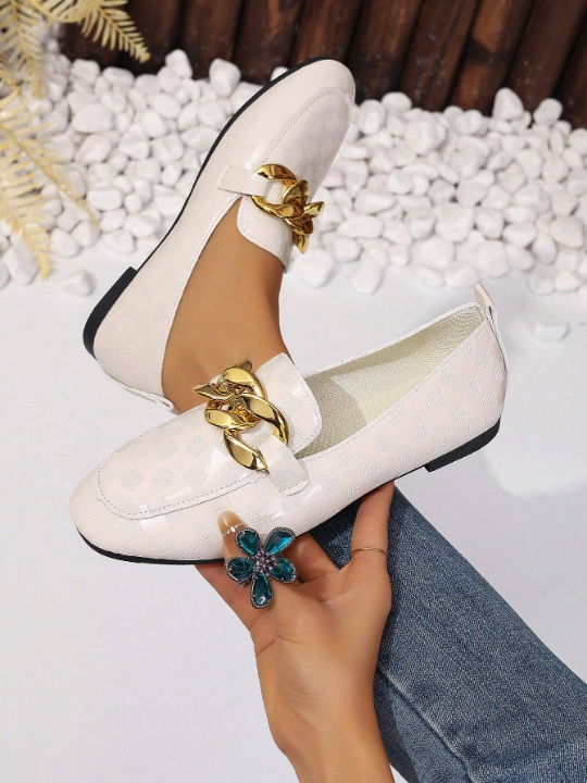 Women's Beige Patent Leather Check Pattern Fashionable Square Toe Flat Shoes