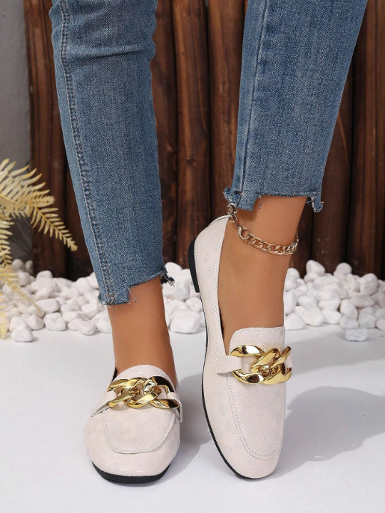 Women's Beige Patent Leather Check Pattern Fashionable Square Toe Flat Shoes