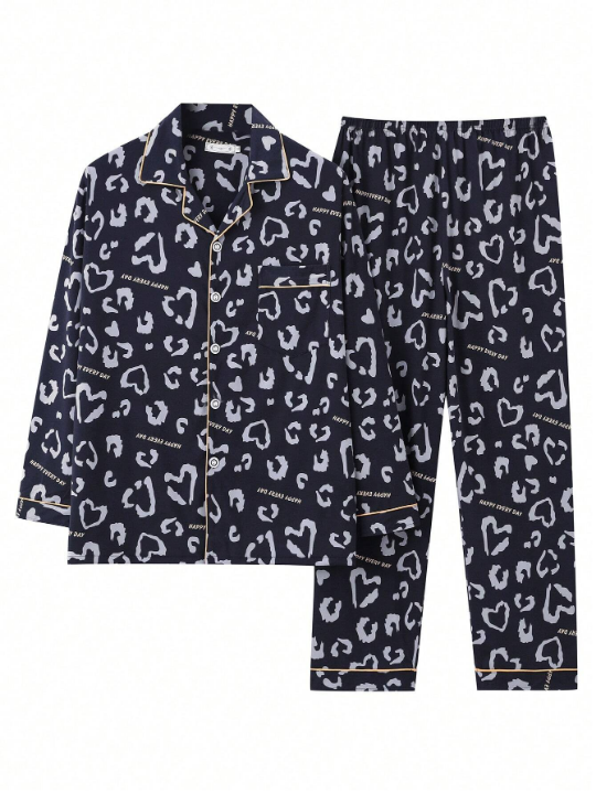 Men's Love Heart Print Pajama Set, Autumn And Winter 2024 Collection, With Long Sleeve Top And Pants, Loose Fit Home Wear, 2pcs/Set