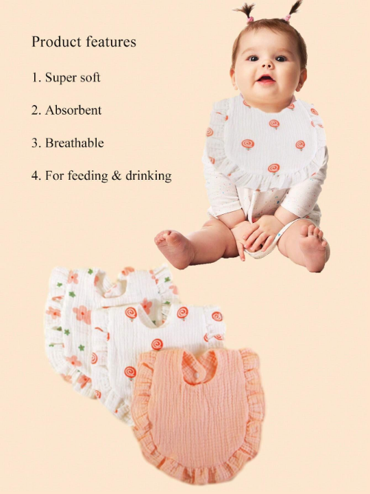 3pcs Lotus Leaf Edge Printed Gauze Baby Bibs