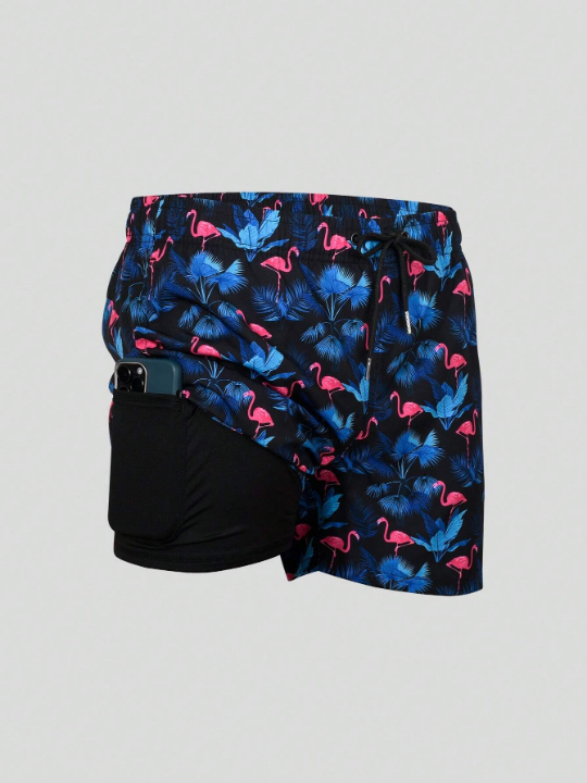 Men's Flamingo Printed Drawstring Waist Belt Pocket Swim Trunks