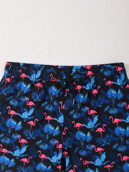 Men's Flamingo Printed Drawstring Waist Belt Pocket Swim Trunks