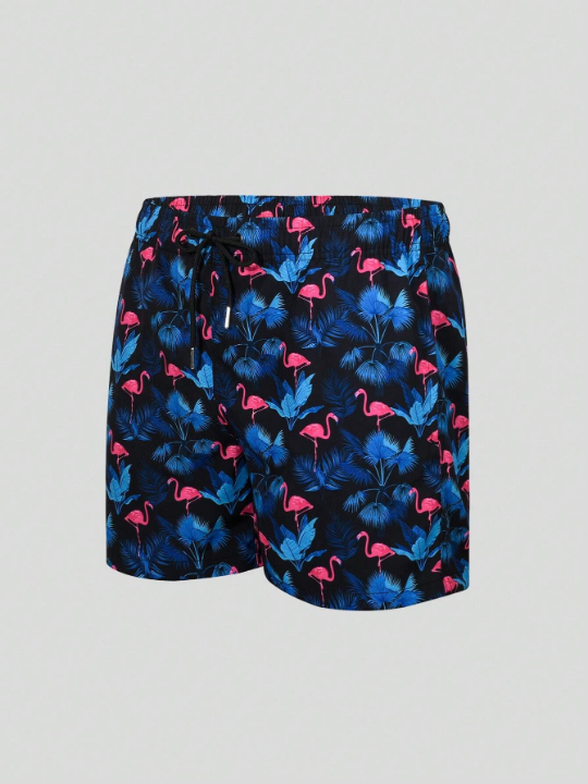 Men's Flamingo Printed Drawstring Waist Belt Pocket Swim Trunks
