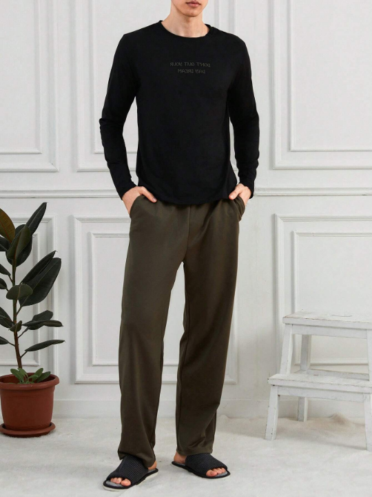 Cottnline Men'S Letter Printed Top & Solid Color Long Pants Homewear Set