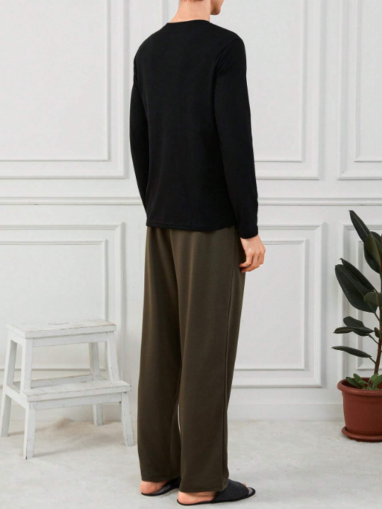 Cottnline Men'S Letter Printed Top & Solid Color Long Pants Homewear Set
