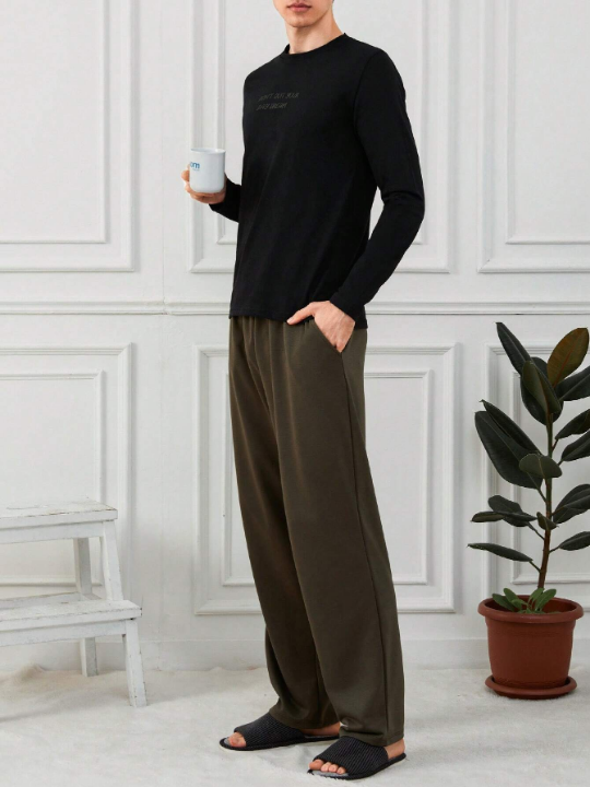 Cottnline Men'S Letter Printed Top & Solid Color Long Pants Homewear Set