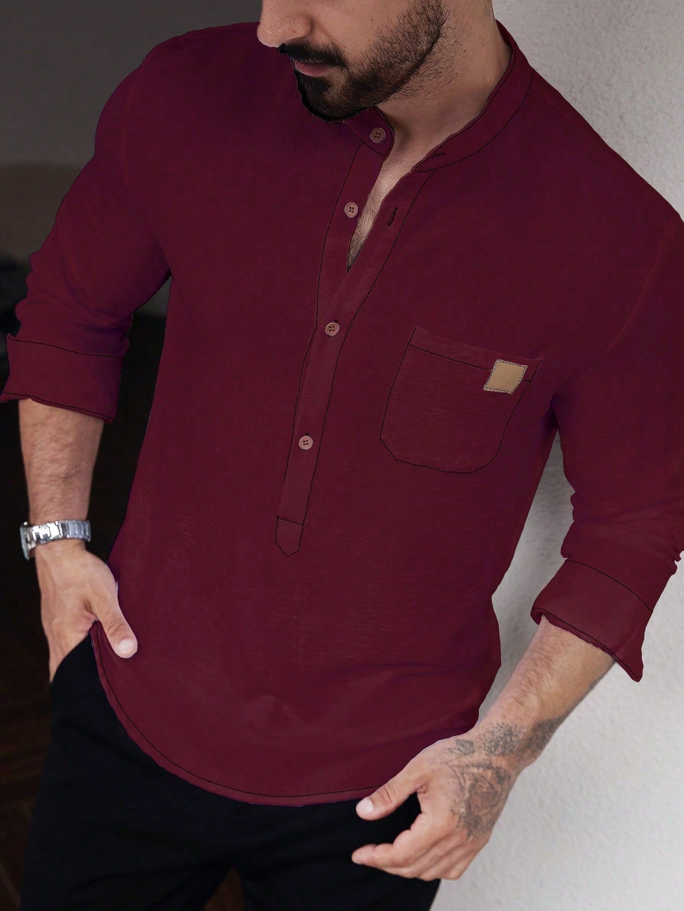 Manfinity CasualCool Men's Solid Color Plain Front Button Long Sleeve Pocket Simple Casual Shirt,White Button Up, For Going Out