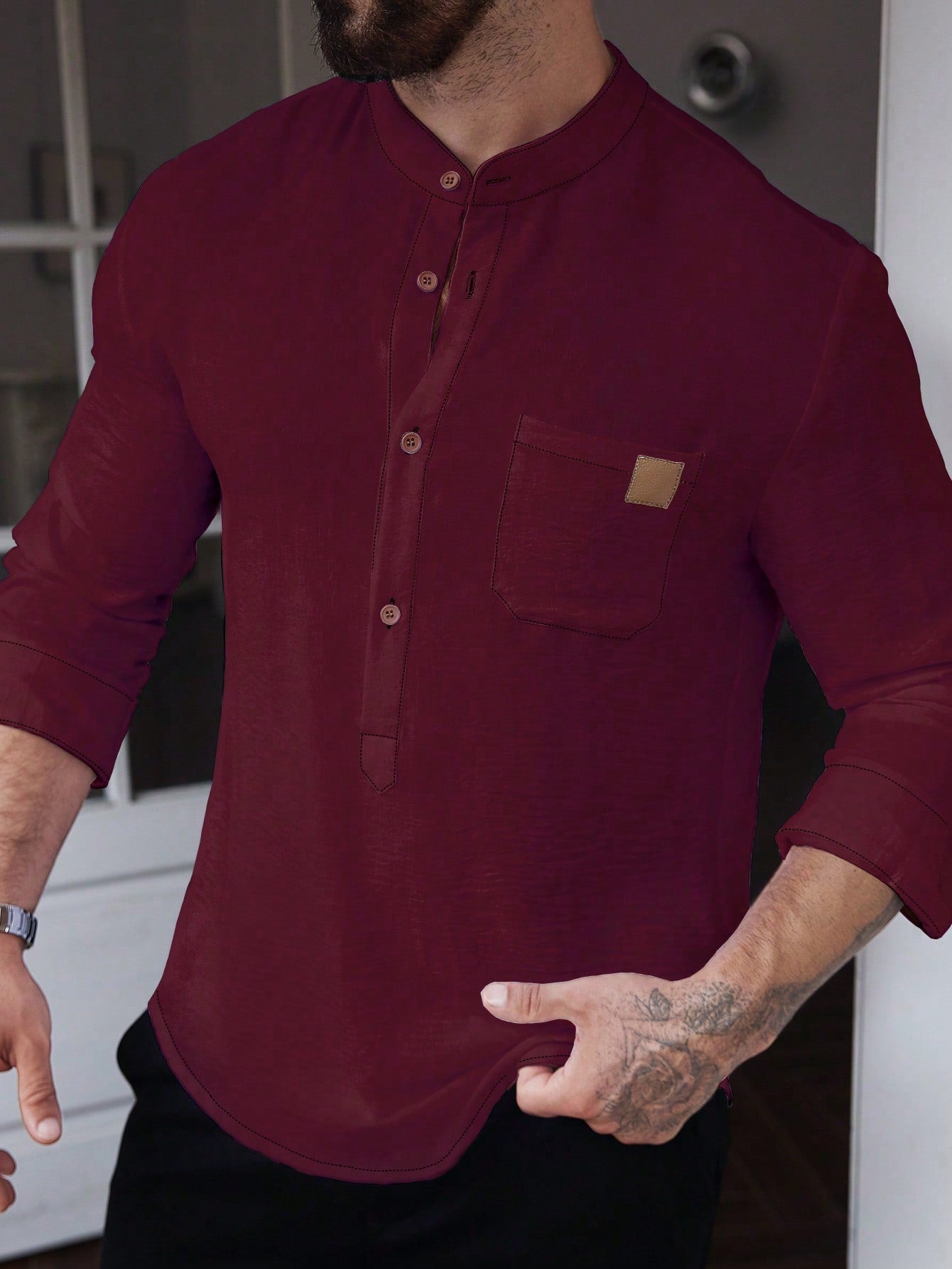 Manfinity CasualCool Men's Solid Color Plain Front Button Long Sleeve Pocket Simple Casual Shirt,White Button Up, For Going Out